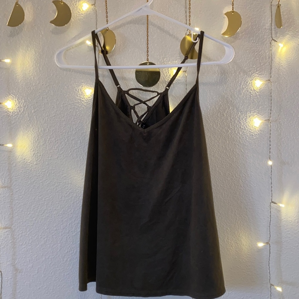 Olive green, polyester, flowy spaghetti strap. Size medium, from Socialite.